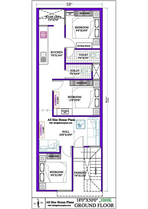 18x50 House Plan With Car Parking 900 Sqft Building D
