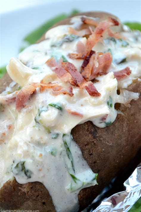 Chicken and spaghetti alfredo is a quick, yet decadent dish. Cheesy Chicken & Spinach Alfredo Baked Potatoes - Southern ...