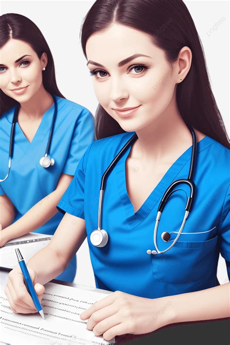 Beautiful Woman Nurse And Doctor With Blue Shirt Holding A Pen Note