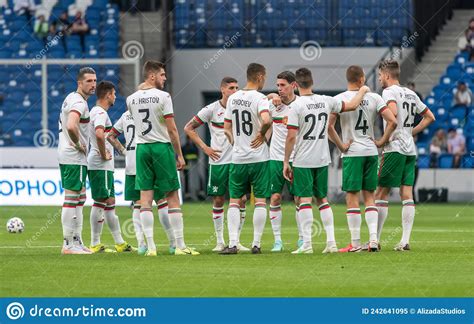 bulgaria national football team players huddling before international friendly russia vs