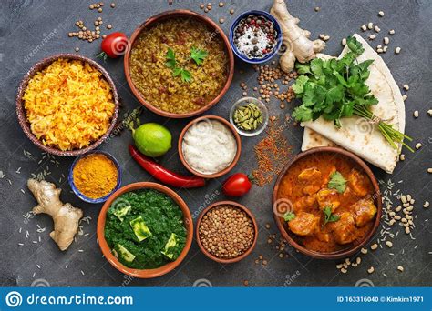 Assorted Various Indian Food On A Dark Rustic Background Traditional