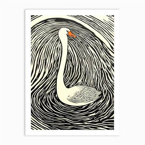 Swan Linocut Art Print By Featherline Fy