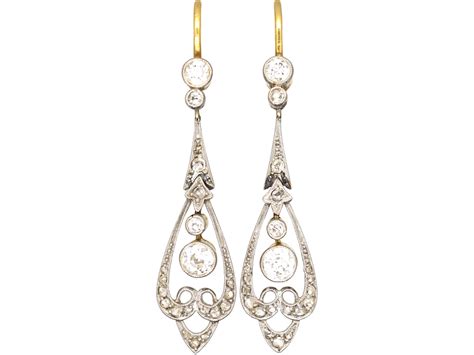 Art Nouveau 18ct Gold Platinum Diamond Drop Earrings 913T The
