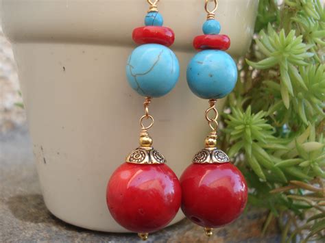 Red Coral And Turquoise Earrings Modern Handcrafted Unique Etsy Red