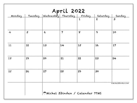 April 2022 Printable Calendar “77ms” Michel Zbinden Uk