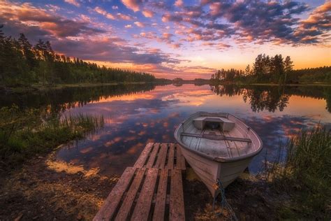 Nature Landscape Spring Sunset Norway Lake Boat Chains Trees Reflection