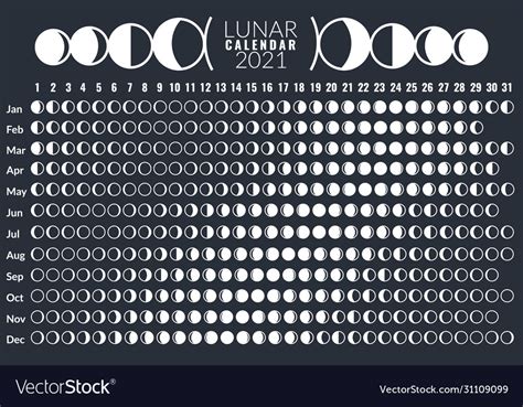 Select a filter to apply visual highlighting to the dates of 2021 above (select a month or a lunar phase). Moon calendar lunar phases calendar 2021 poster Vector Image