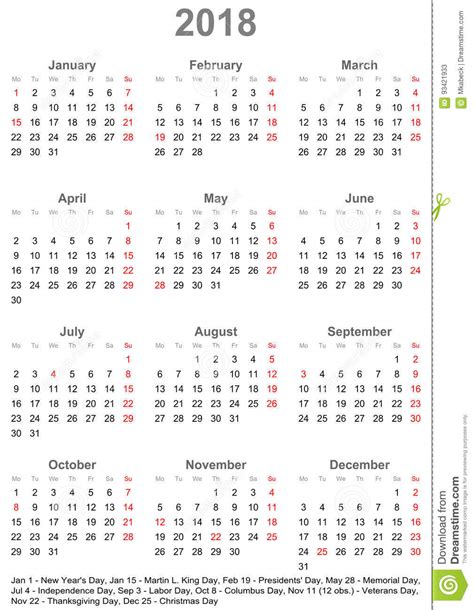 Simple Calendar 2018 With Public Holidays For Usa Stock Vector