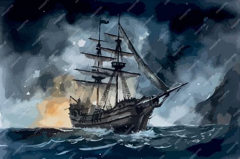 Premium Vector Pirate Ship Sailing During A Storm Fantasy Galleon
