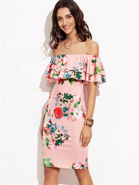 Pink Floral Print Off The Shoulder Ruffle Dress Sheinsheinside