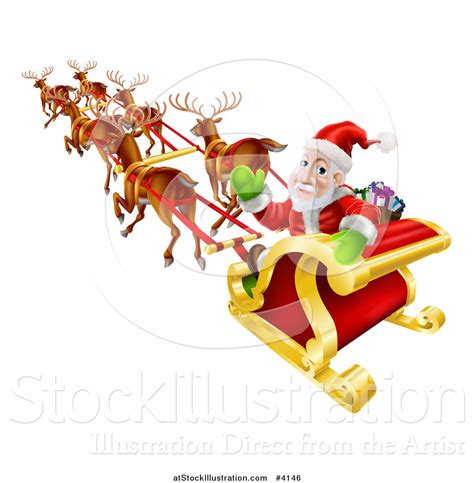 Vector Illustration Of Santa Looking Back And Waving While Flying In