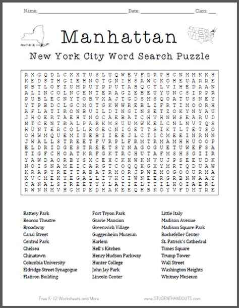 Manhattan Nyc Word Search Puzzle Student Handouts