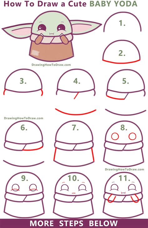 How To Draw A Cute Cartoon Baby Yoda Kawaii Chibi Easy Step By Step