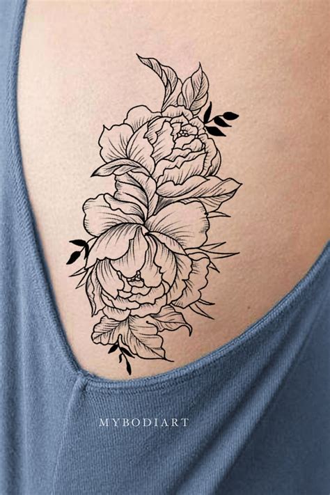 Garnet Delicate Black Peony Flower Outline Temporary Tattoo Mybodiart
