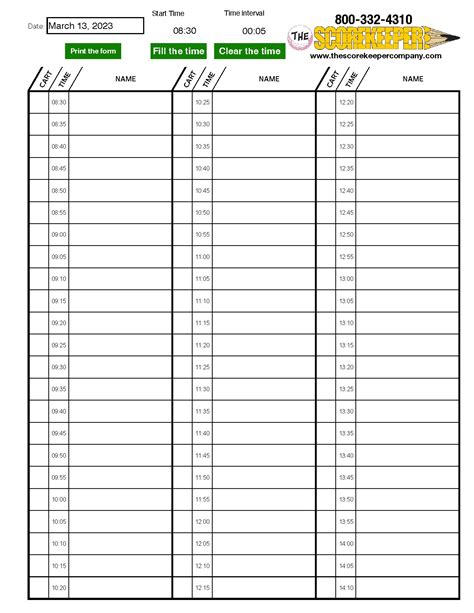 Printable Golf Tee Time Sheets Template Free Download Free Time