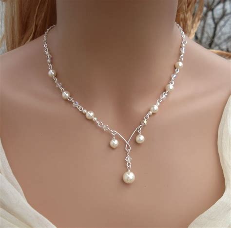 Elegant Bridal Jewelry Set Wired Crystal Cream Ivory Pearl Necklace