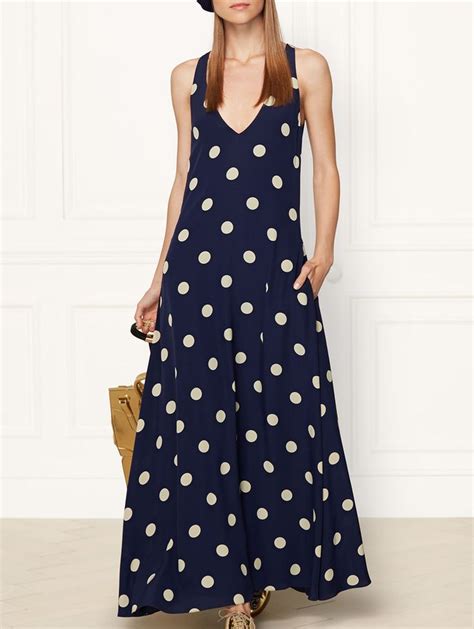 Navy V Neck Sleeveless Polka Dot Pockets Print Maxi Dress Polka Dot