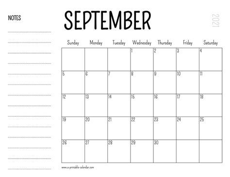 Month Calendar Printable September 2021