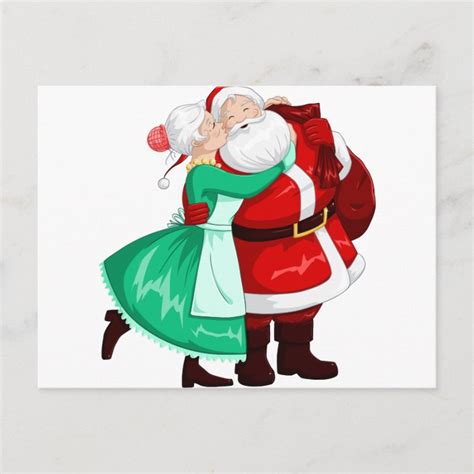 mrs claus kisses santa on cheek and hugs holiday postcard au