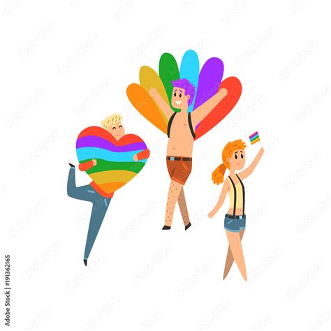 People With Rainbow Flags And Symbols Lgbt Community Celebrating Gay Pride Cartoon Vector