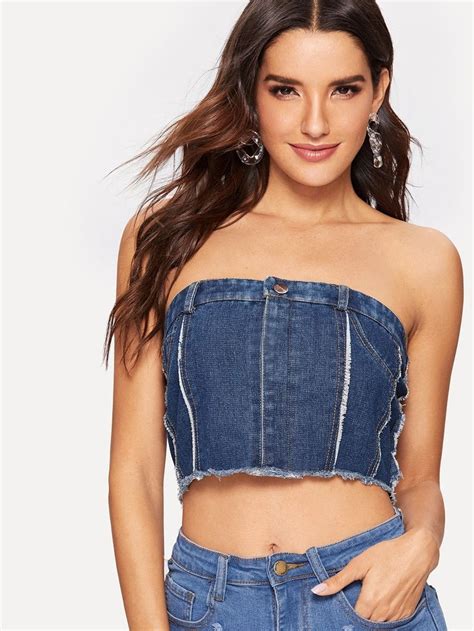 Details Not Your Average Denim Top This Strapless Top Features A Seamed Bodice Shirred Back