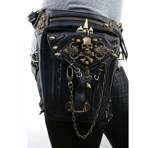 Black Pu Leather Skull Rivet Chain Gothic Waist Bag Steampunk Messenger