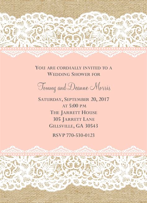 Here are some of the ways on how you can make the content of your burlap wedding invitation more interesting Burlap and Lace - Peach Wedding Shower Invitation