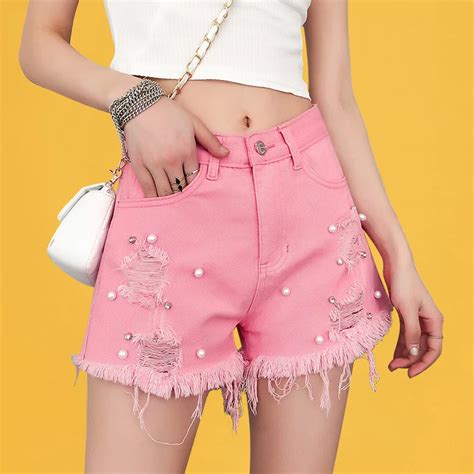 Pink Ripped Pearl Beads Denim Shorts Women Loose White Jeans Short High Waist Khaki Fringe