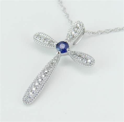 Super Sale Diamond And Sapphire Cross Pendant Necklace 18 Chain White