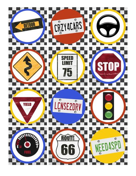 Several Different Types Of Road Signs On A Checkered Background