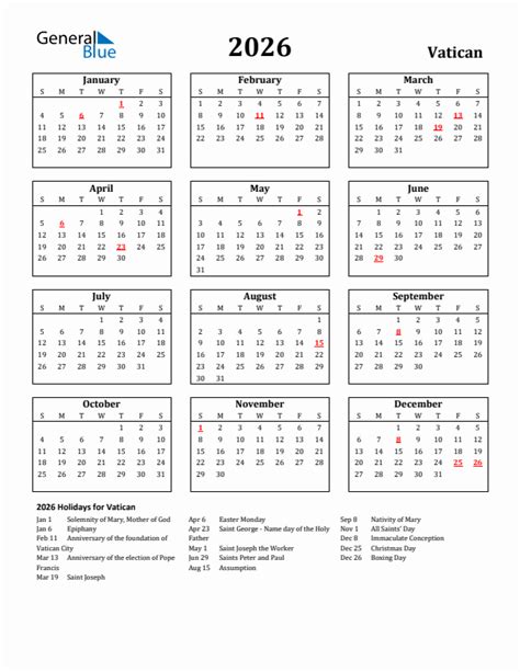 Free Printable 2026 Vatican Holiday Calendar