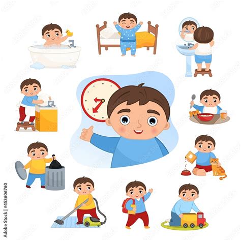 Vector Illustration Daily Activities Routine Cute Little Cartoon Boy