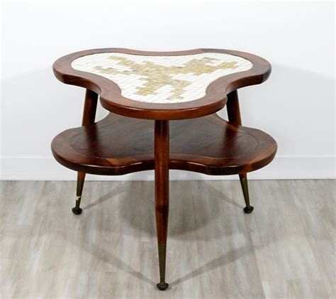 Amoeba wild walnut 29.5 wide coffee table. Mid-Century Modern Amoeba Shaped 2 Tier Mosaic Tile Coffee Side Table, 1960s at 1stdibs