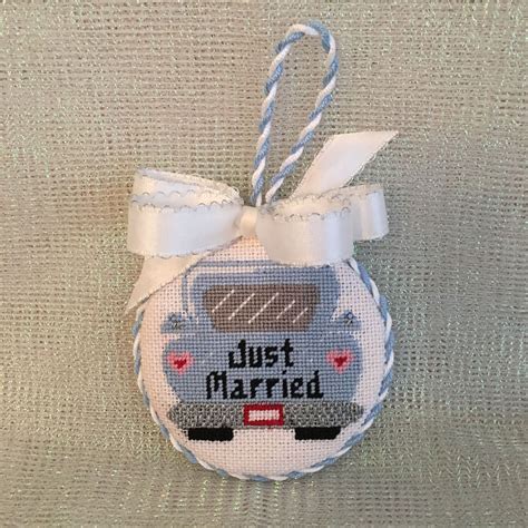 Wedding ornament with bow and monogram on back | Needlepoint ornaments