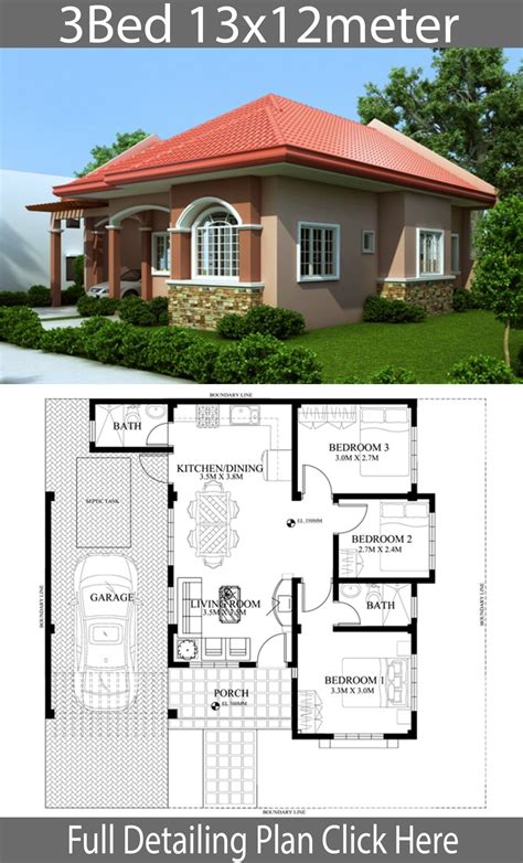 Home Design Plan 13x12m With 3 Bedrooms Architectural House Plans My