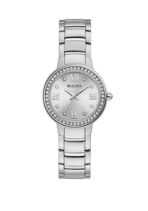 Bulova Womens Crystal Stainless Steel Silver Dial Watch Belk