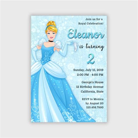 Princess Cinderella Birthday Invitation Disney Elegant Girl Etsy