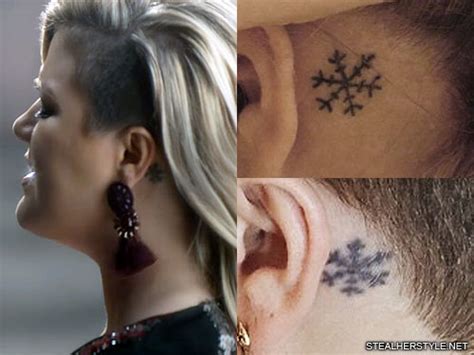 Has a shooting star, flower and small cross on her right ankle. Kelly Clarkson Snowflake Behind Ear Tattoo | Steal Her Style