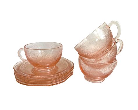 Hazel Atlas Florentine Pink Depression Glass Footed Cups Saucers Ca