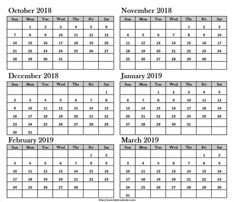 Oct Nov Dec 2018 Jan Feb Mar 2019 Calendar Printable 2019 Calendar