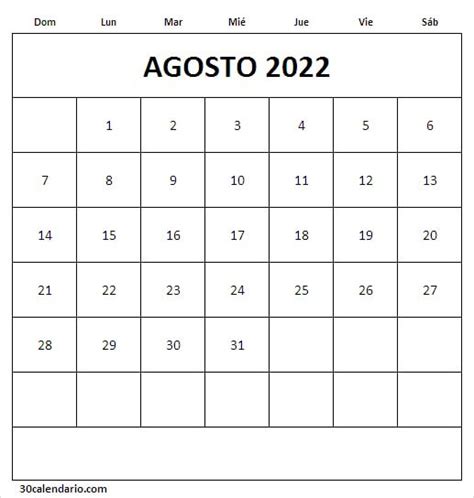 Agosto 2022 Descargar Calendario Con Notas Calendario En Blanco 2022