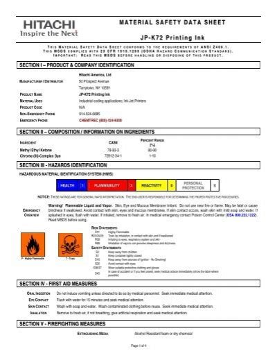Jp K Printing Ink Material Safety Data Sheet Hitachi America Ltd
