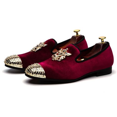 High quality maroon and gold gifts and merchandise. Burgundy Velvet Gold Spikes Mens Loafers Prom Dress Shoes