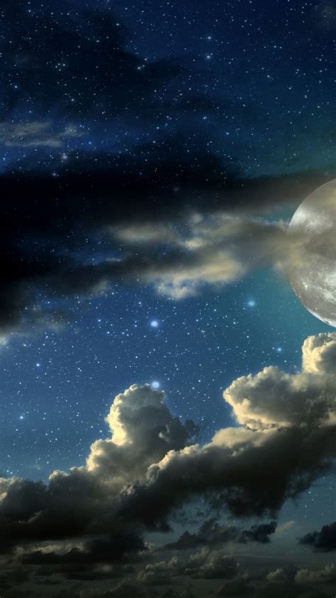 Download Wallpaper 1080x1920 Full Moon Stars Clouds Shadows