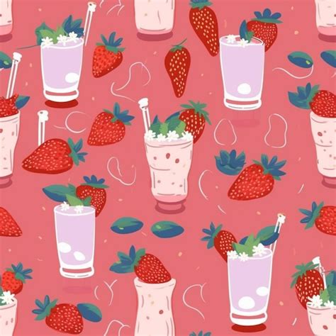 Um close up de um padrão de morangos e milkshakes generative ai Foto Premium
