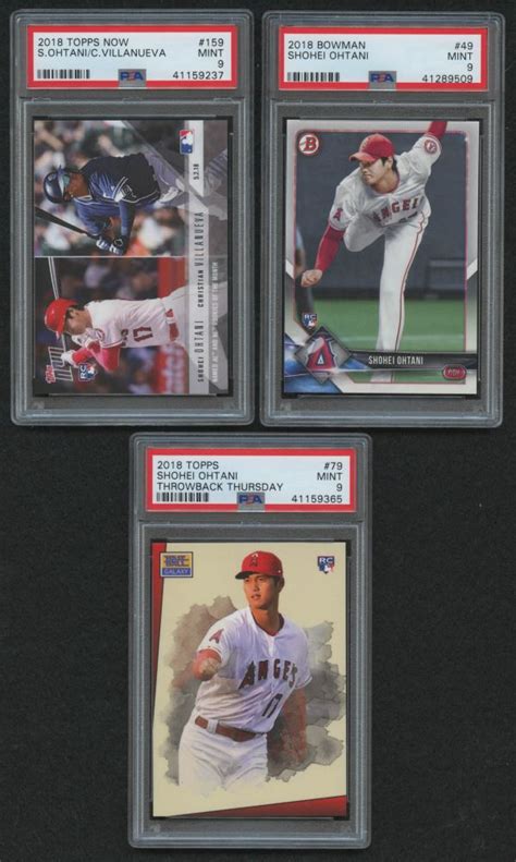 Collect base card chrome parallels! Lot of (3) PSA Graded 9 Shohei Ohtani Rookie Cards with 2018 Topps Now #159 / 3383*, 2018 Bowman #49