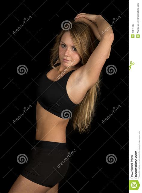 woman black bra body side looking hand over head stock image image of power slim 47515557