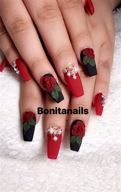 Black And Red Nails Wtih Pearls And Red Acrylic Roses Nail Art