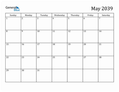 May 2039 Monthly Calendar Pdf Word Excel