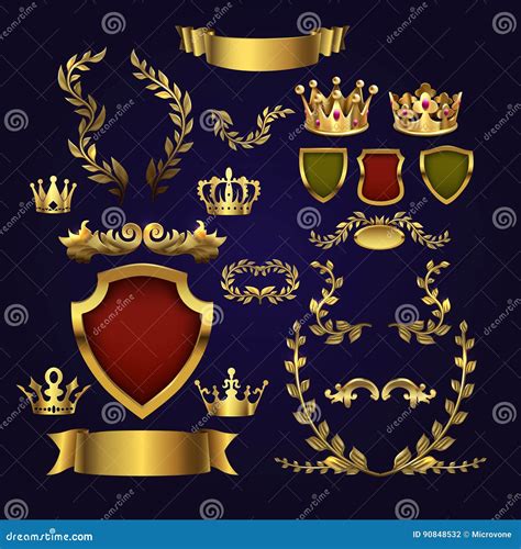 Golden Vector Heraldic Elements Kings Crowns Laurel Wreath And Royal